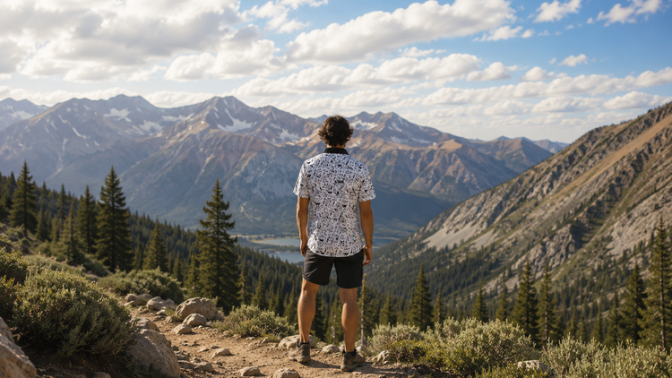 Hiker on a mountain ridge wearing a Wilderness Technology shirt