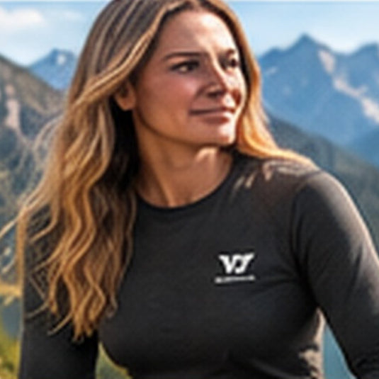 Woman wearing the charcoal merino crew top by a mountain lake