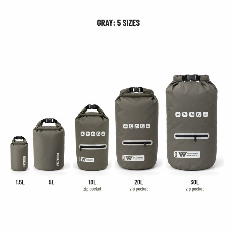 Load image into Gallery viewer, Wilderness Technology PVC Dry Bag in Gray, all five sizes: 1.5L, 5L, and 10L, 20L, 30L with zip pocket
