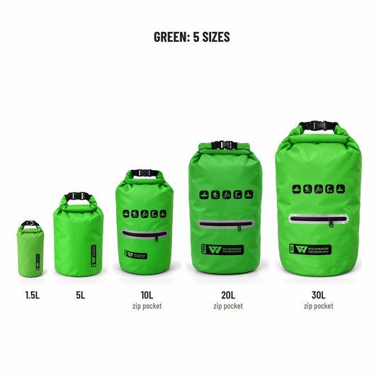 Wilderness Technology PVC Dry Bag in Green, all five sizes: 1.5L, 5L, and 10L, 20L, 30L with zip pocket