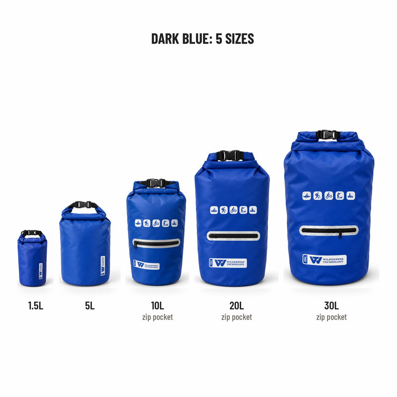 Load image into Gallery viewer, Wilderness Technology PVC Dry Bag in Dark Blue, all five sizes: 1.5L, 5L, and 10L, 20L, 30L with zip pocket
