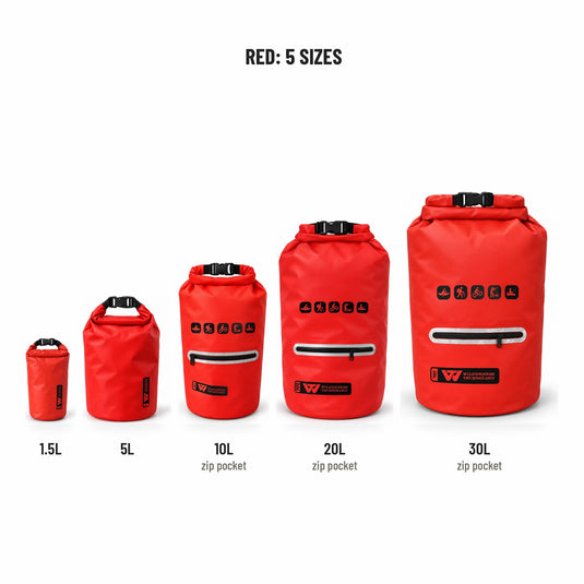 Wilderness Technology PVC Dry Bag in Red, all five sizes: 1.5L, 5L, and 10L, 20L, 30L with zip pocket
