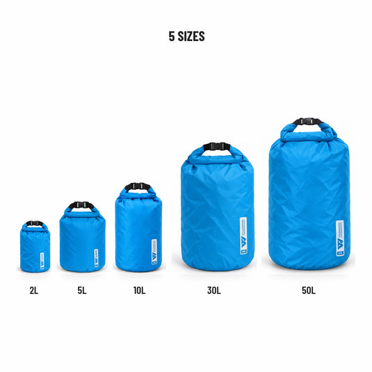 Wilderness Technology Ultralight Dry Bag in all five sizes: 2L, 5L, 10L, 30L, 50L